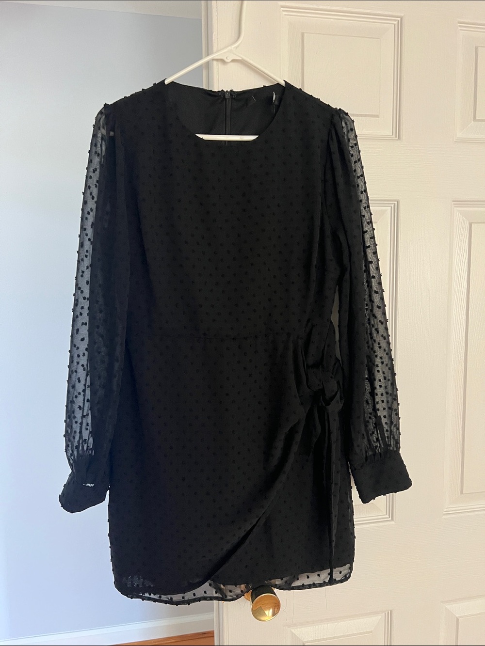 Lulu's Black Swiss Dot Long-Sleeve Wrap Mini Dress